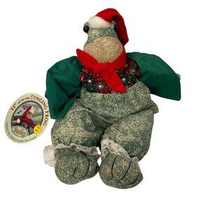 Vintage Sterling Singing Frog 11" Plush Christmas Decoration With Santa Hat & Sc